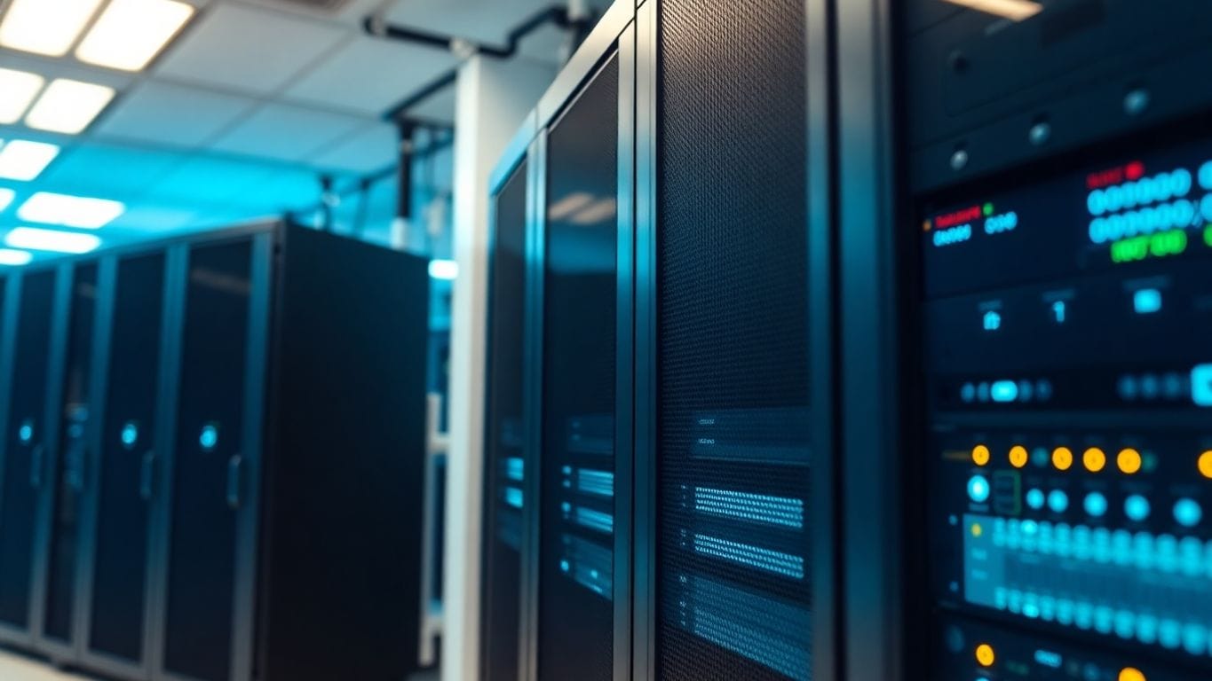 Modern server room with high-tech servers and equipment.