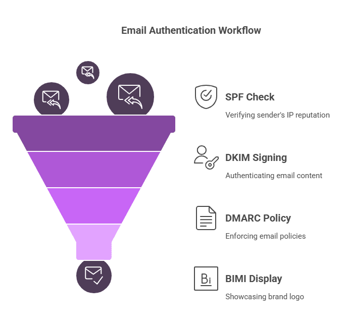 Infographic of SPF, DKIM, DMARC, and BIMI workflow for bulk email services authentication