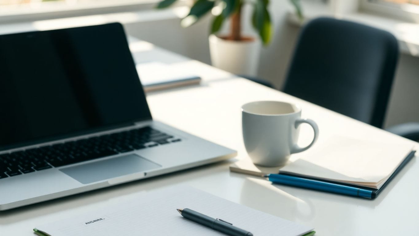 Professional workspace with laptop and coffee cup.
