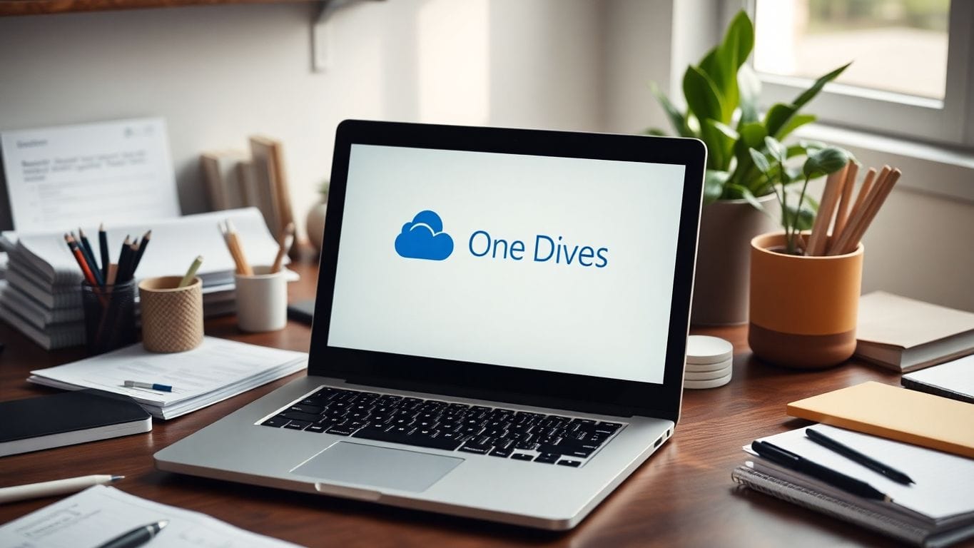 Laptop with OneDrive for Business on a desk.