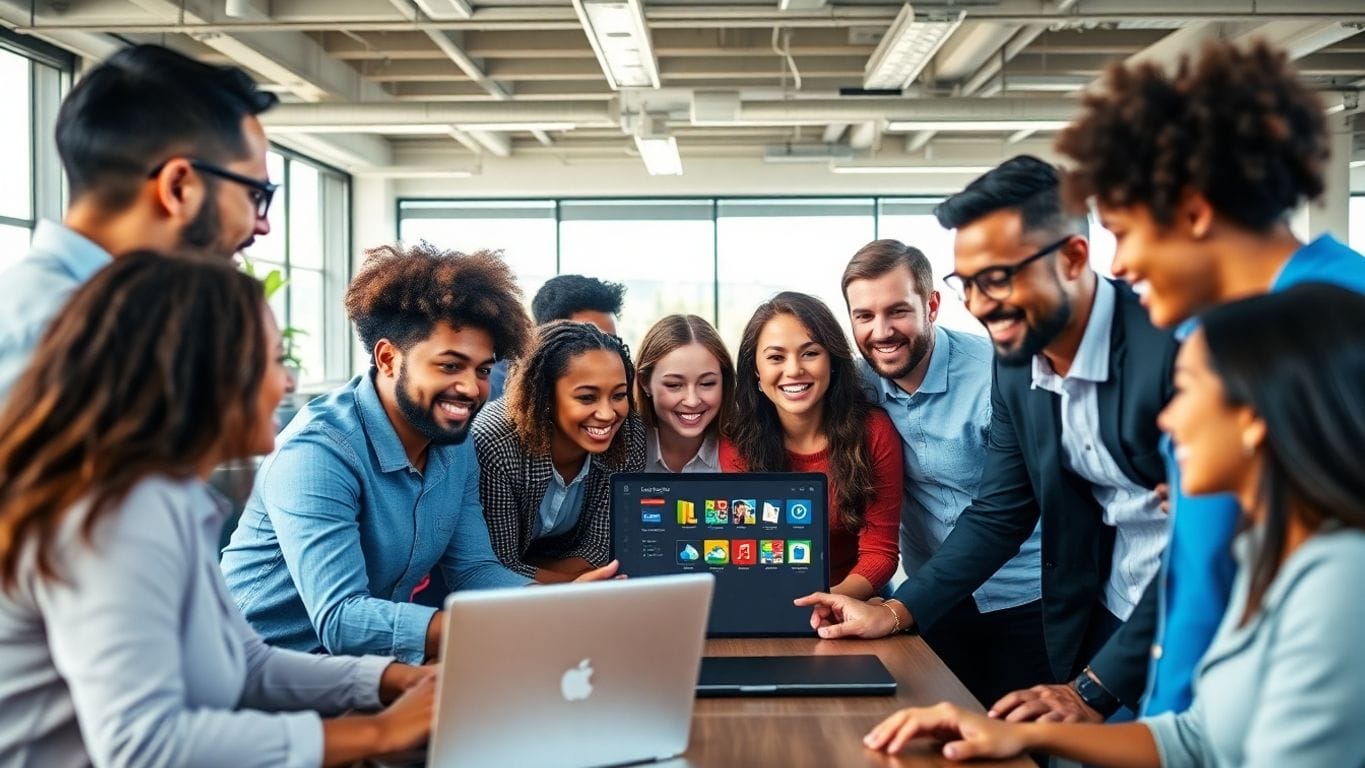 Professionals collaborating with OneDrive for Business in an office.