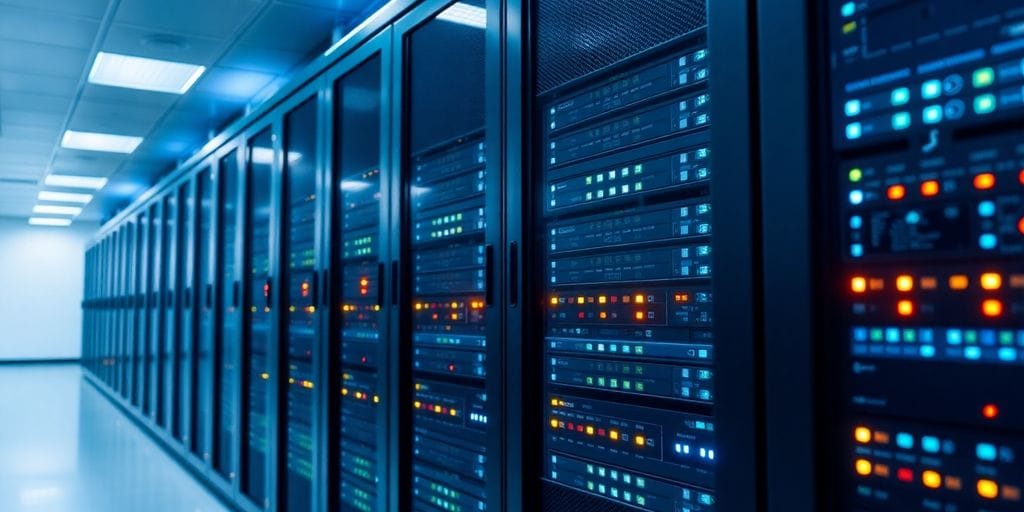 Modern server room with rows of servers and lights.