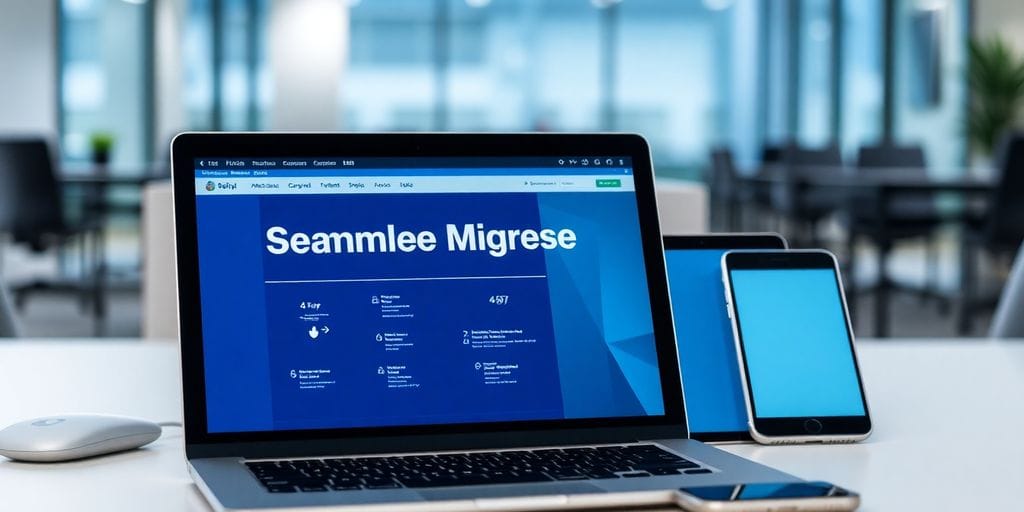 Laptop with migration interface in a modern office.