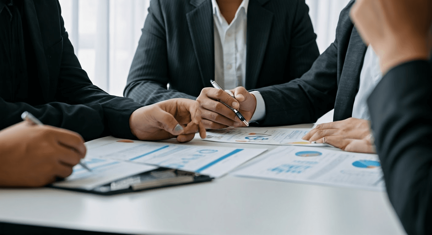 Business meeting discussing outsourcing factors