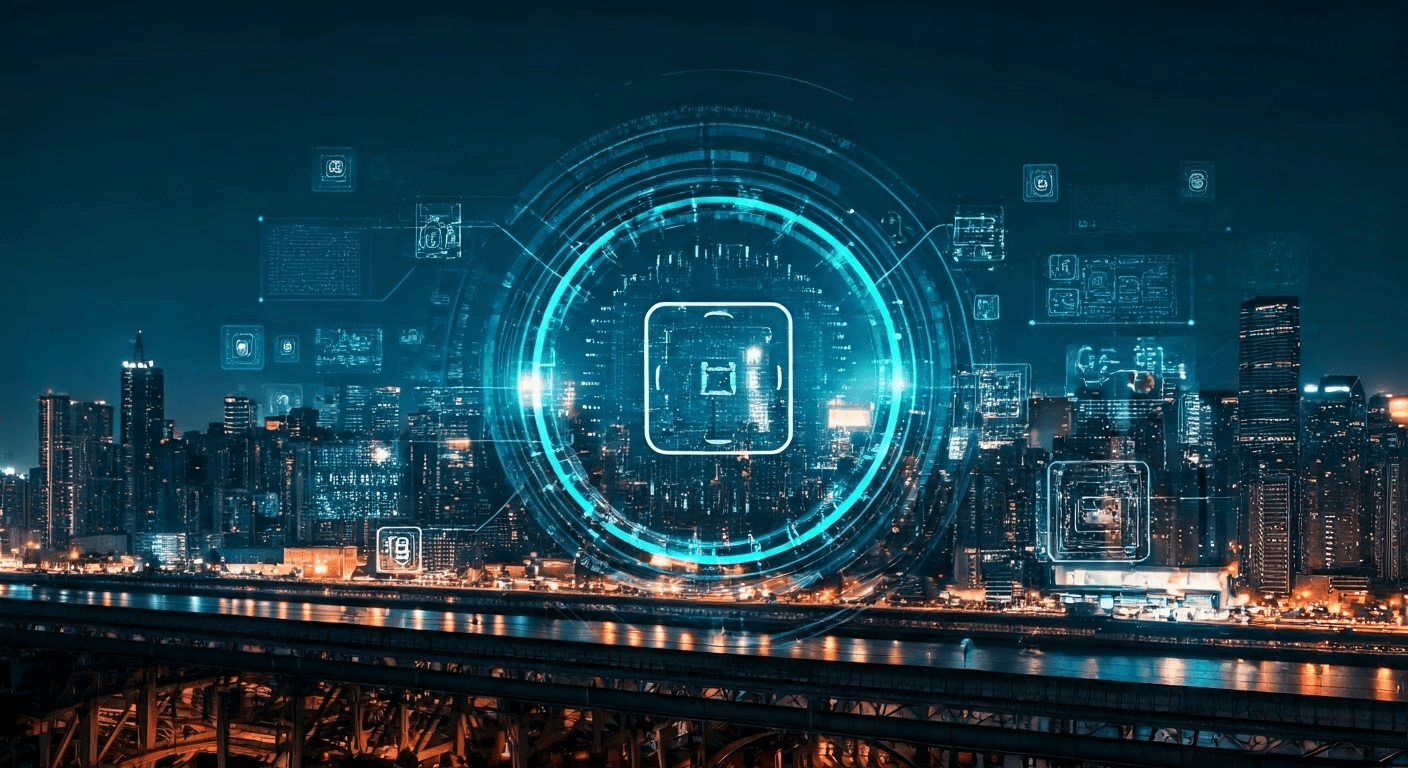 Futuristic city skyline symbolizing managed services.