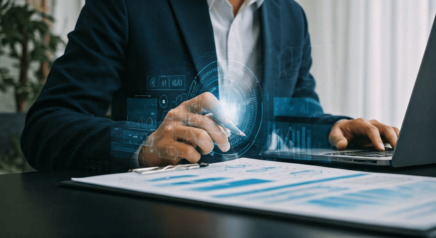 Business professional analyzing data