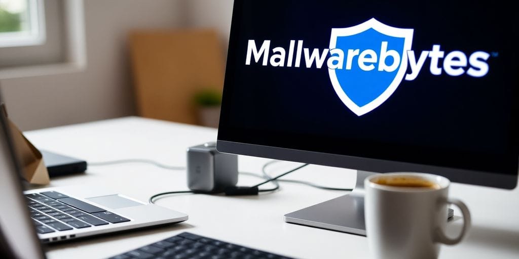 Computer screen with Malwarebytes logo and workspace.