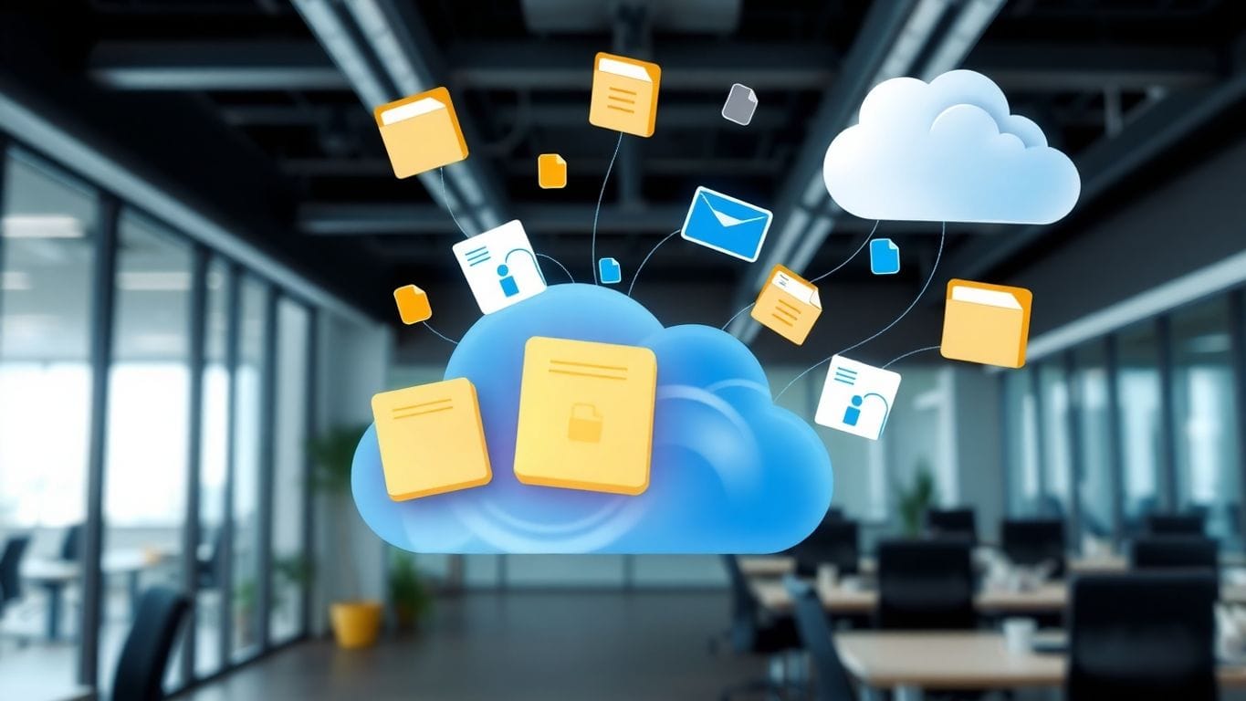 Cloud storage with digital files in a modern office.