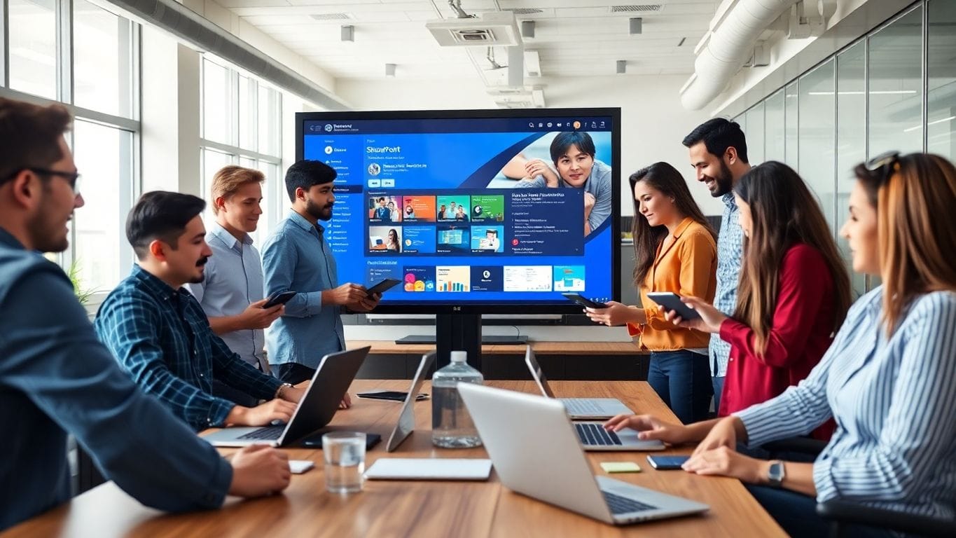 Team collaborating in a modern office with SharePoint.