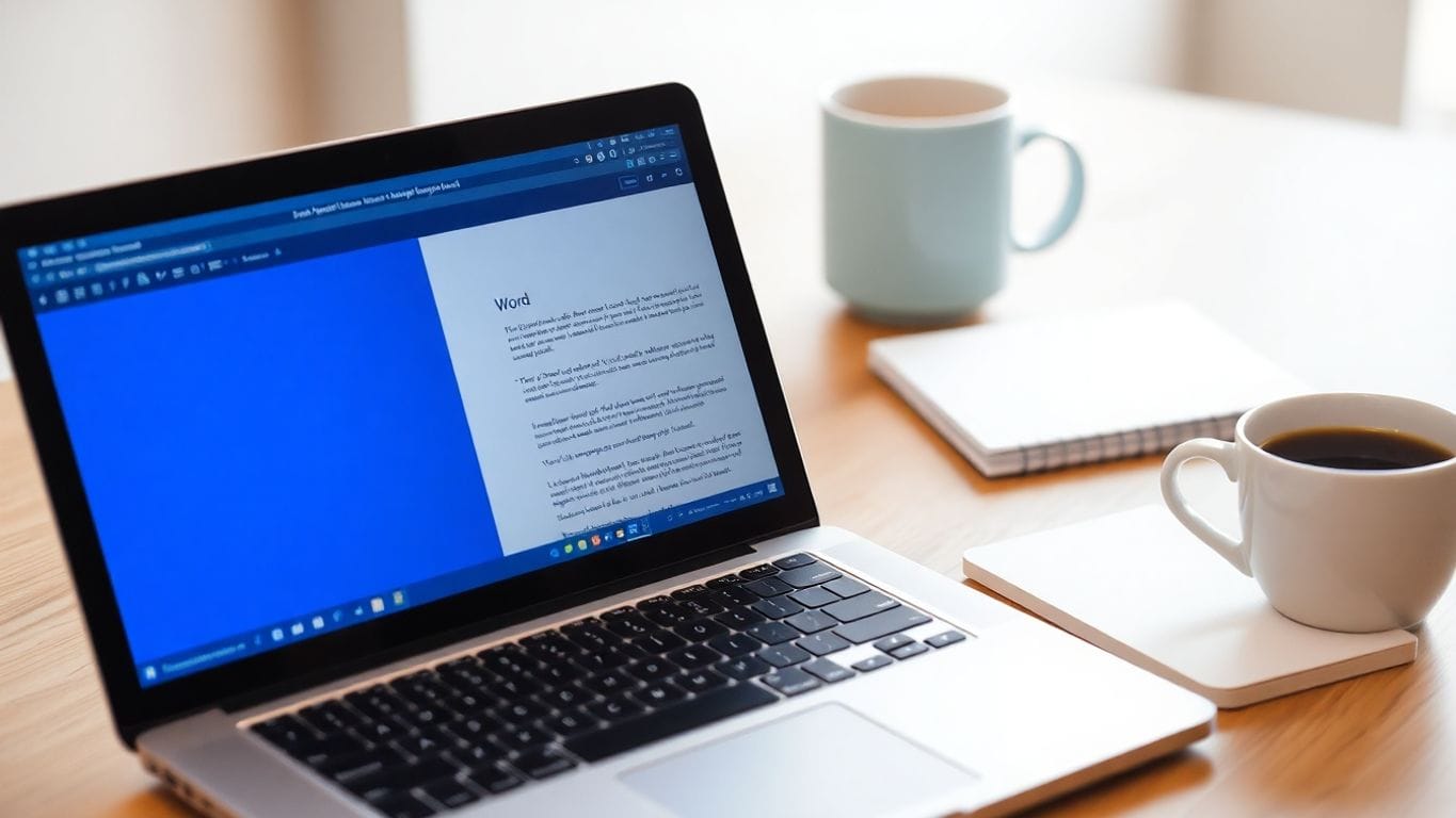 Laptop with Word document on a clean workspace.