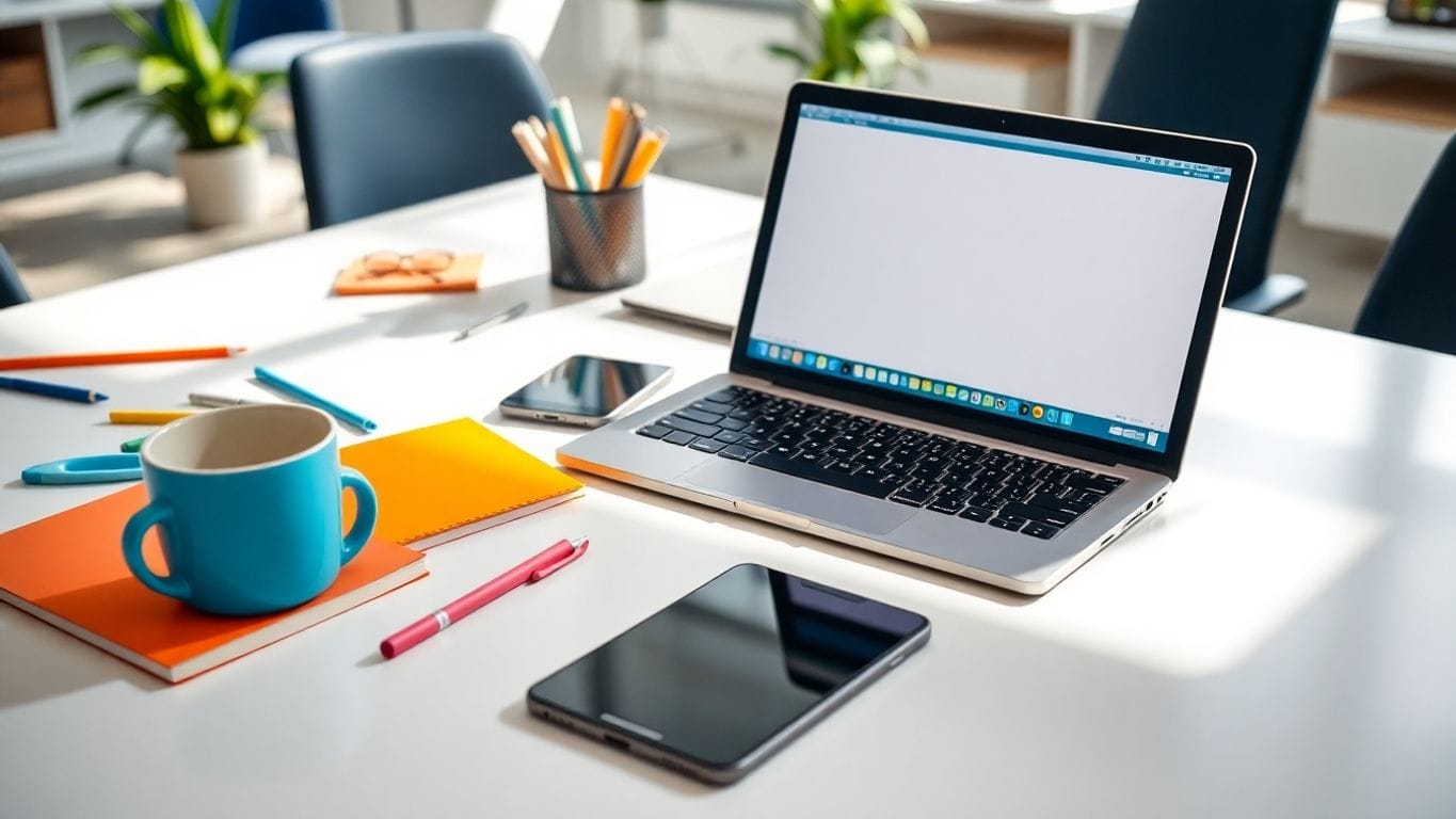 A modern workspace with laptop and digital tools.