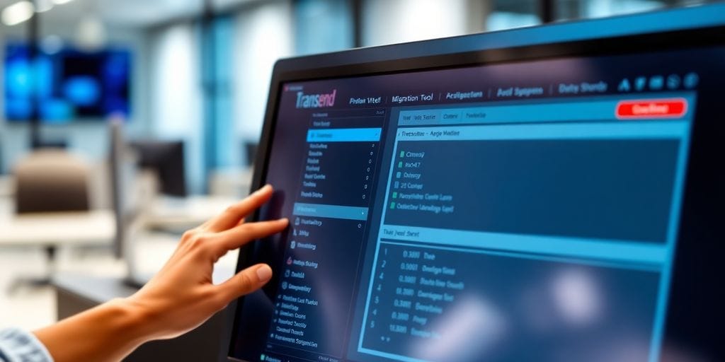 User interacting with TRANSEND migration tool on a screen.