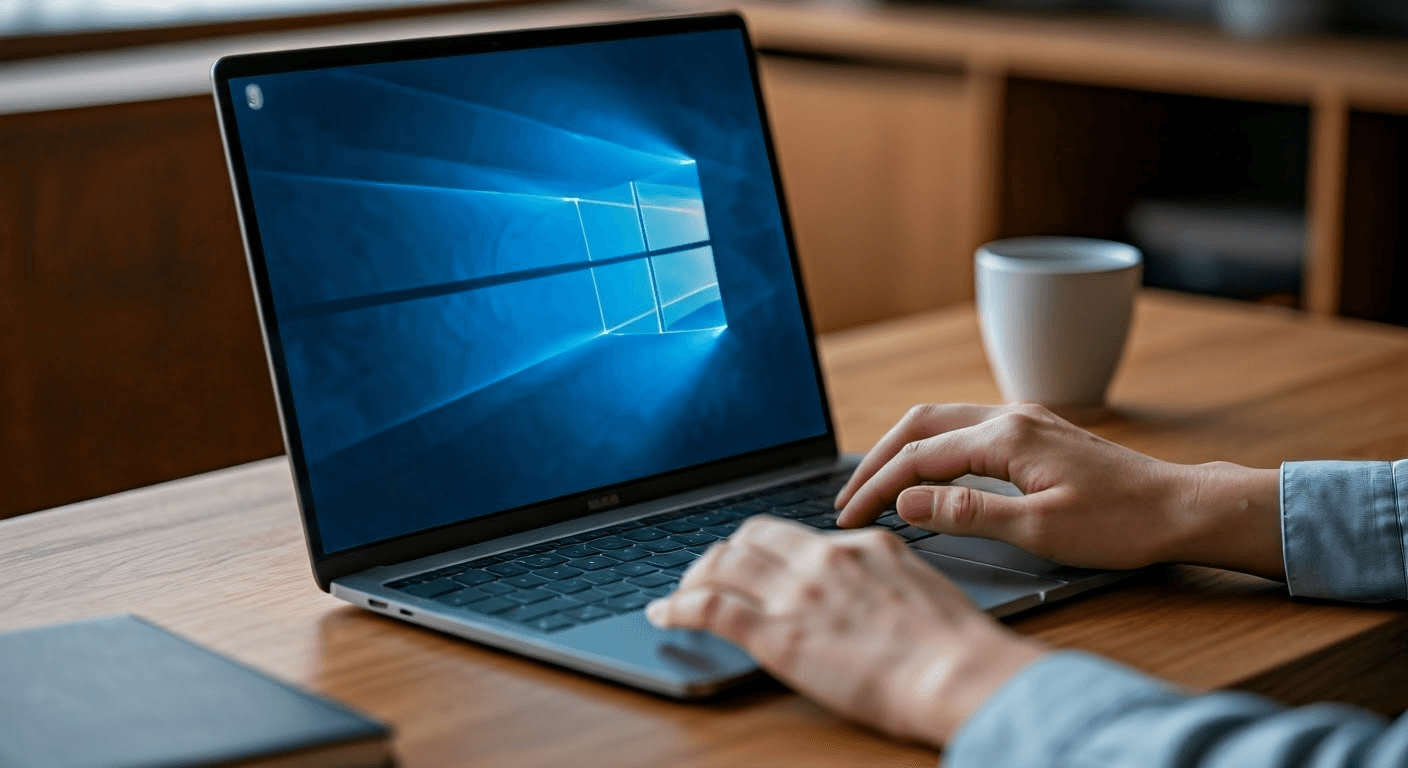 Person using Windows 12 on a laptop.