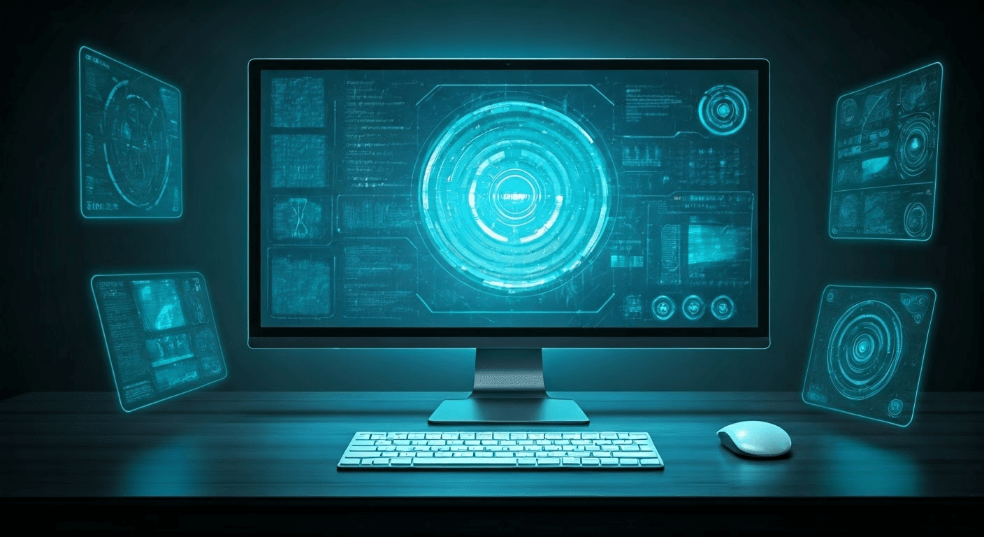 Futuristic workspace with AI in Windows 12.