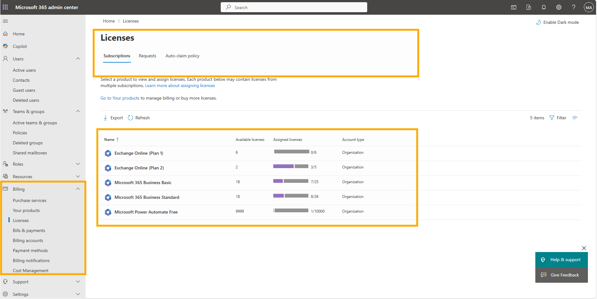 Office 365 Administrator managing billing in Microsoft 365 portal