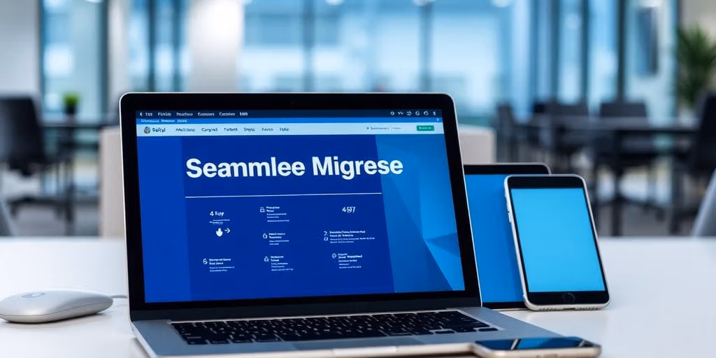 Laptop with migration interface in a modern office.