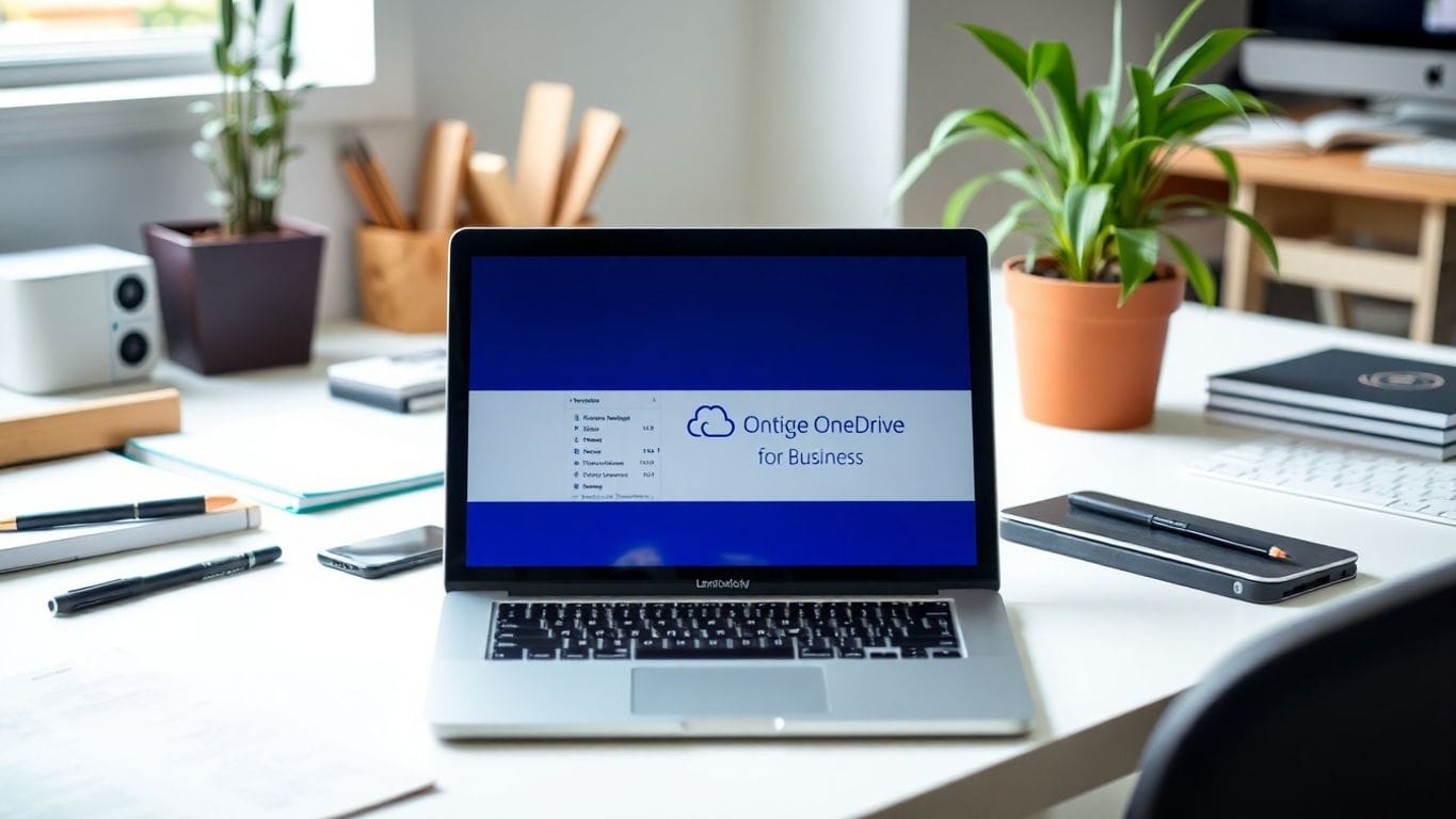 A modern workspace with a laptop and office supplies.