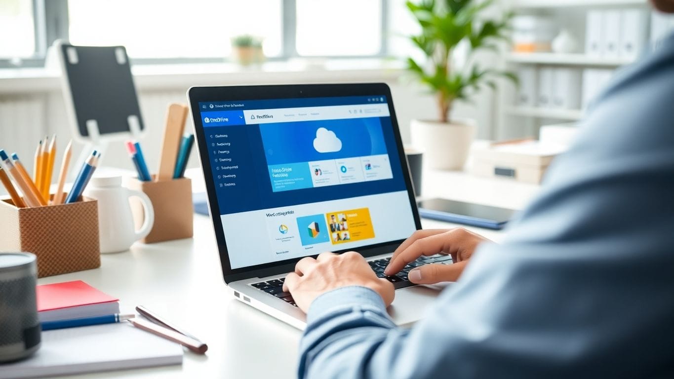 Person using OneDrive for Business on a laptop.