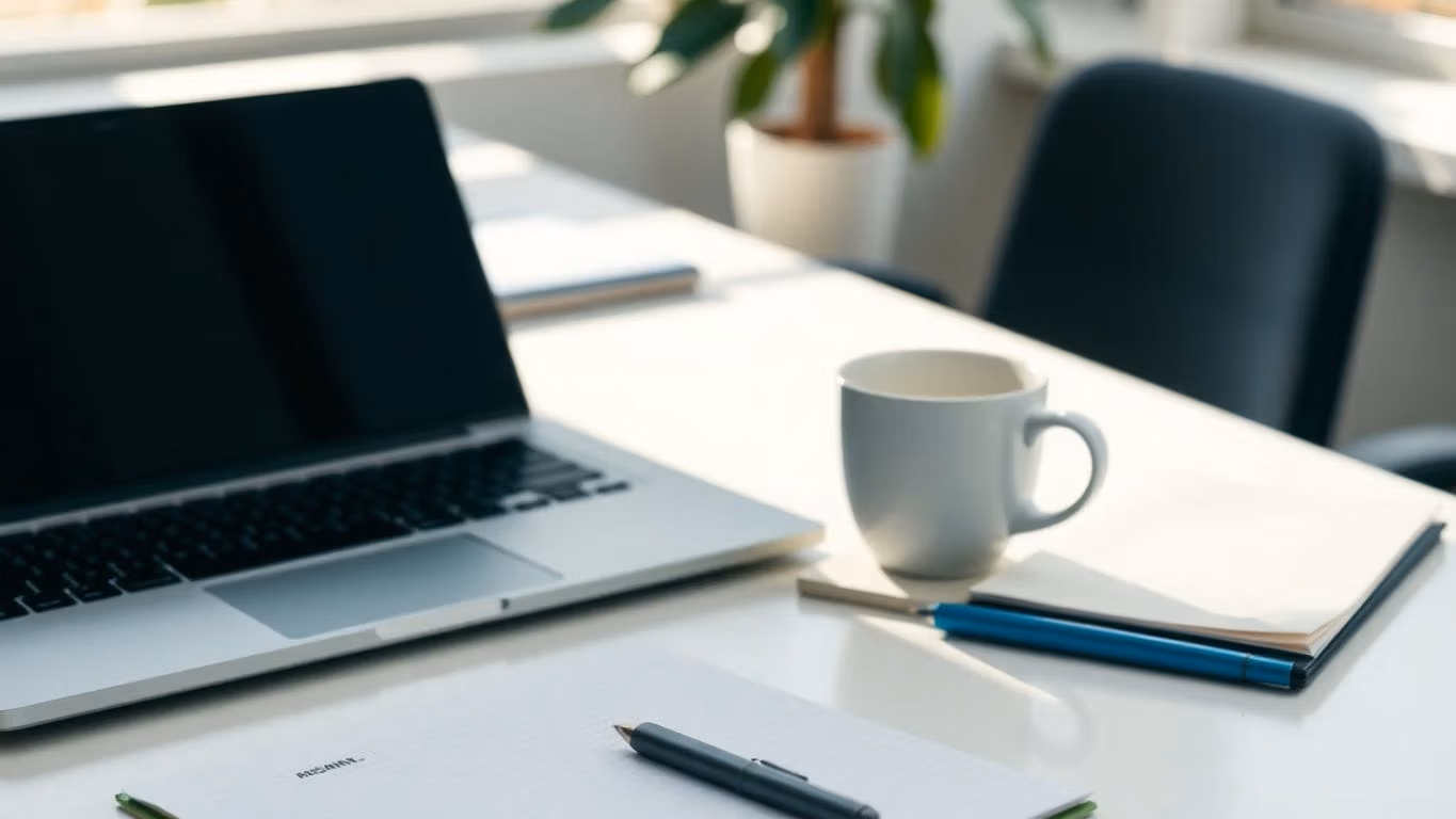 Professional workspace with laptop and coffee cup.