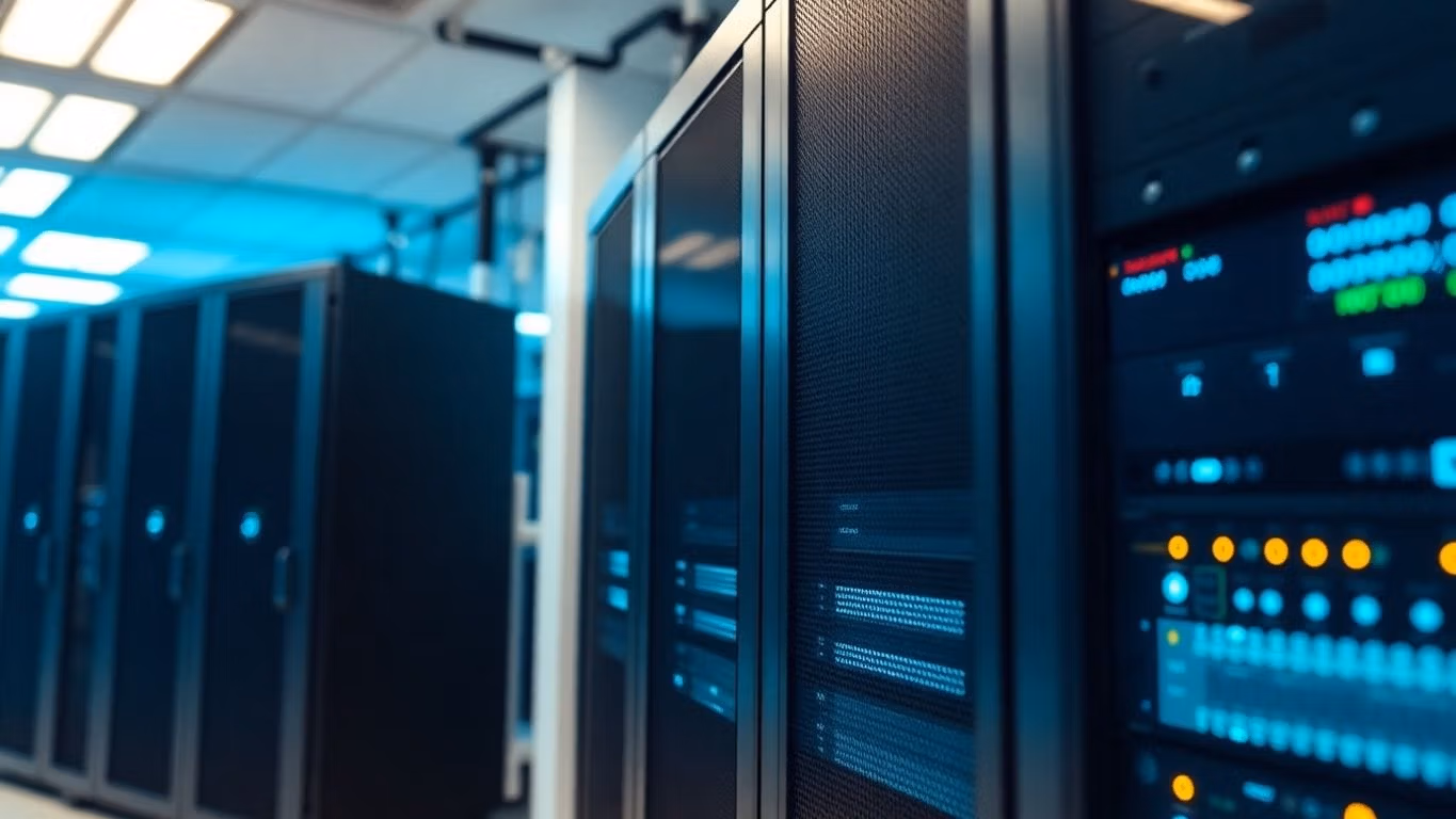 Modern server room with high-tech servers and equipment.