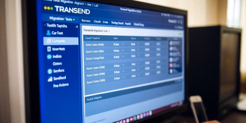 User interacting with TRANSEND migration tool on a screen.