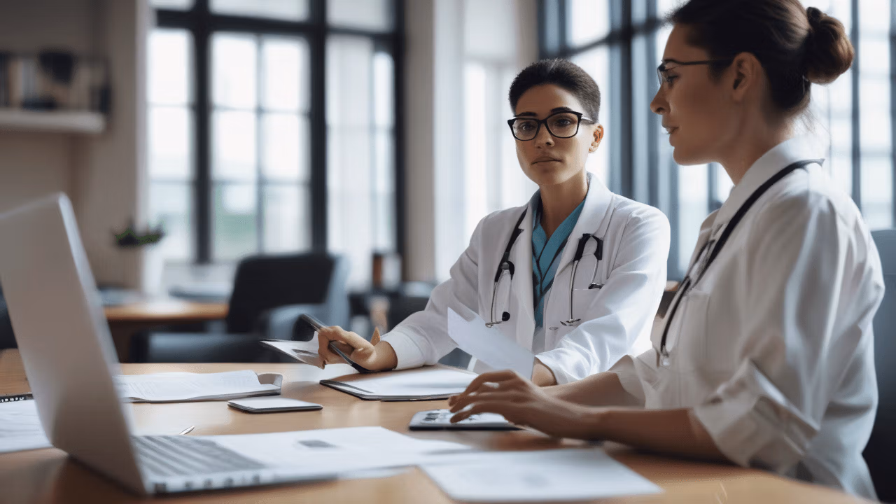 Healthcare professional discussing HIPAA compliance.