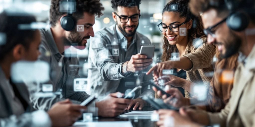 Diverse people using digital devices in a modern setting.