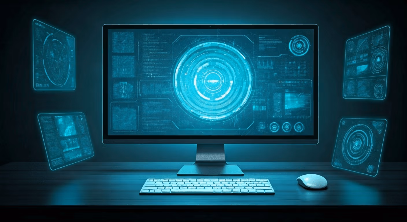 Futuristic workspace with AI in Windows 12.