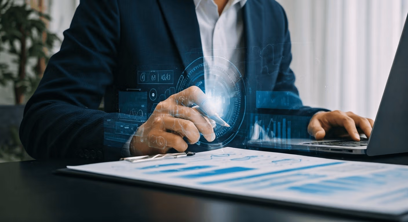 Business professional analyzing data