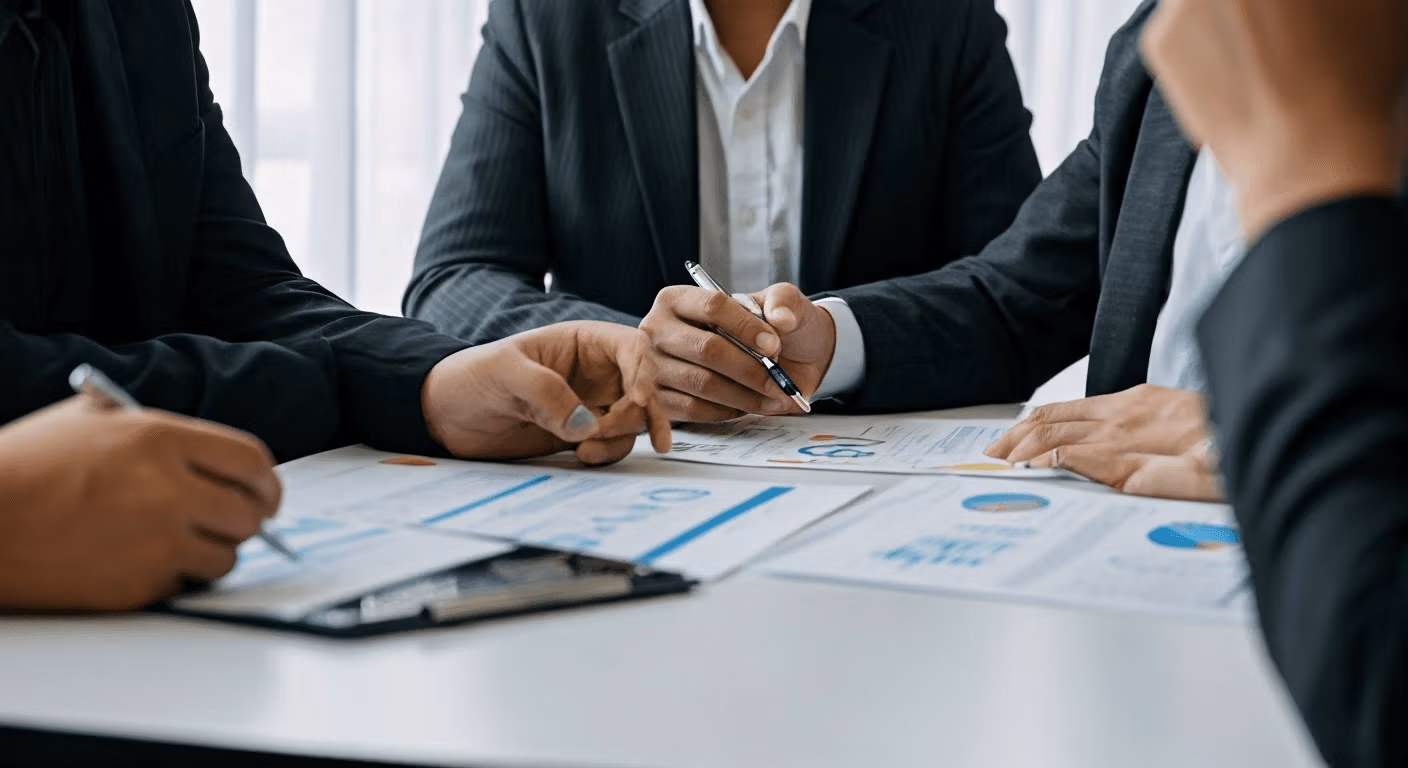 Business meeting discussing outsourcing factors