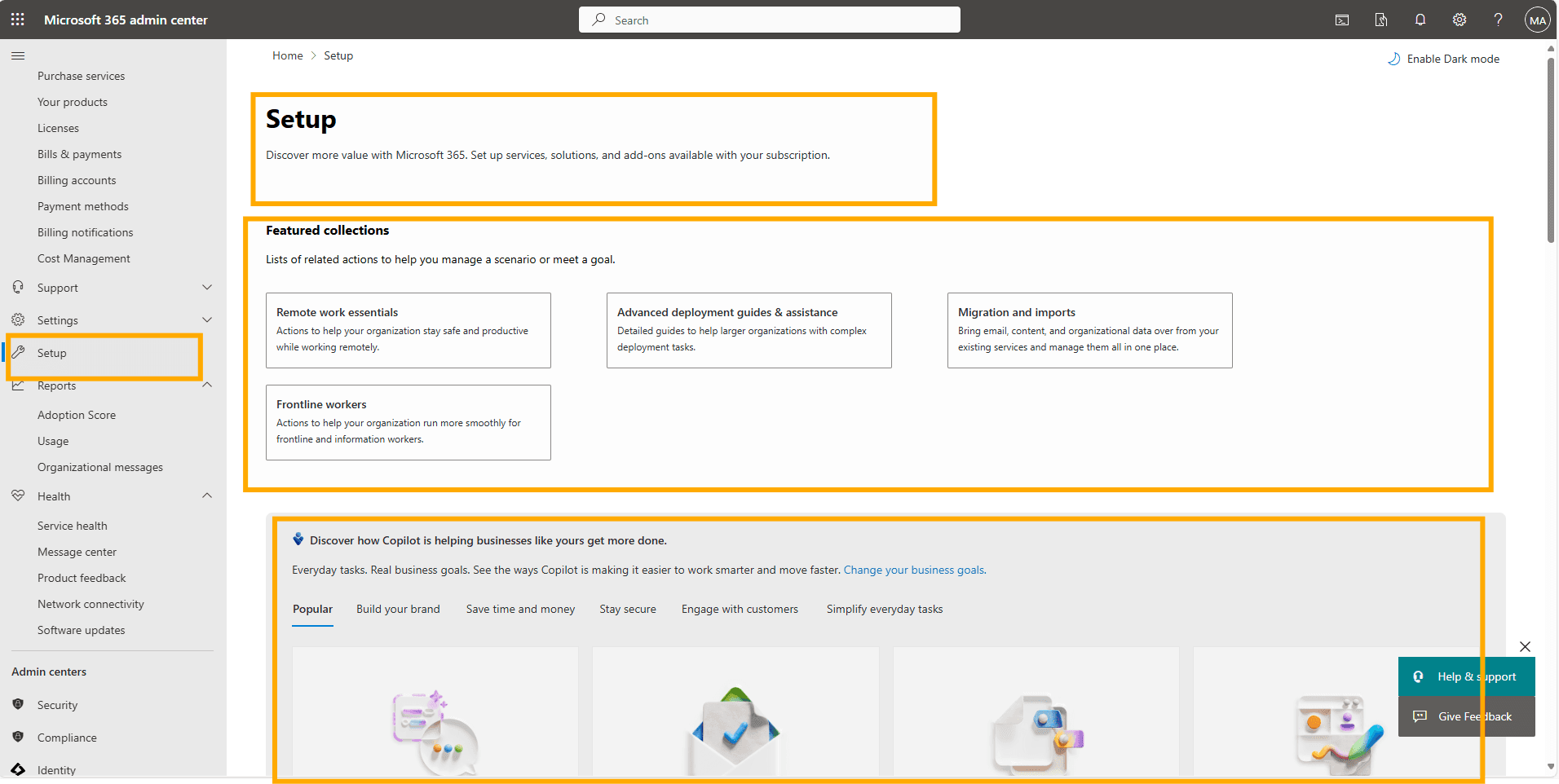 Office 365 Administrator managing setup in Microsoft 365 portal 