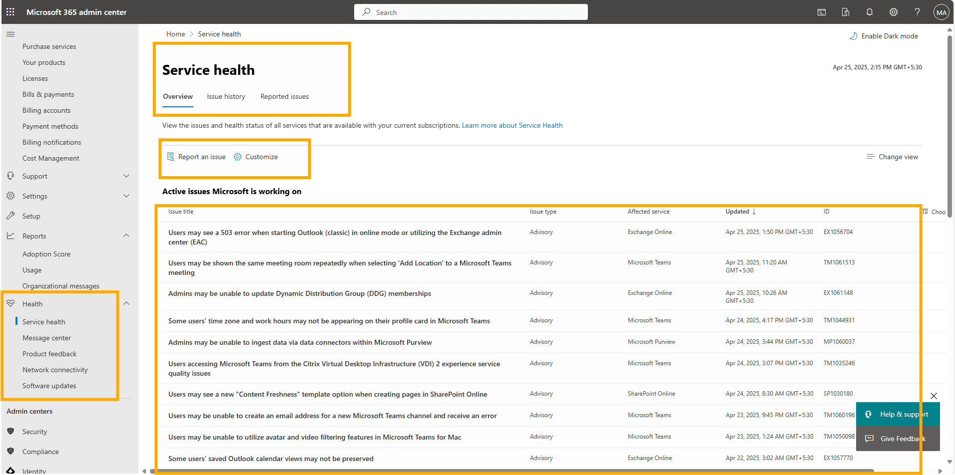 Office 365 Administrator checking health in Microsoft 365 portal 