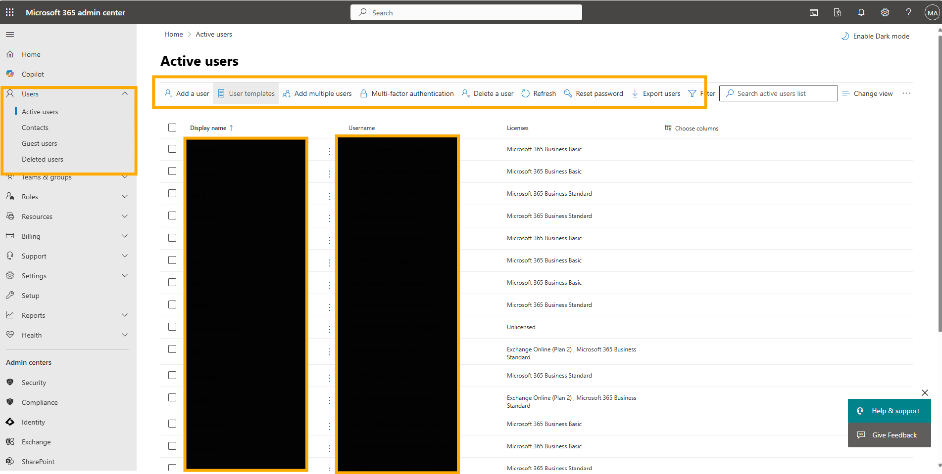 Office 365 Administrator managing users in Microsoft 365 portal 